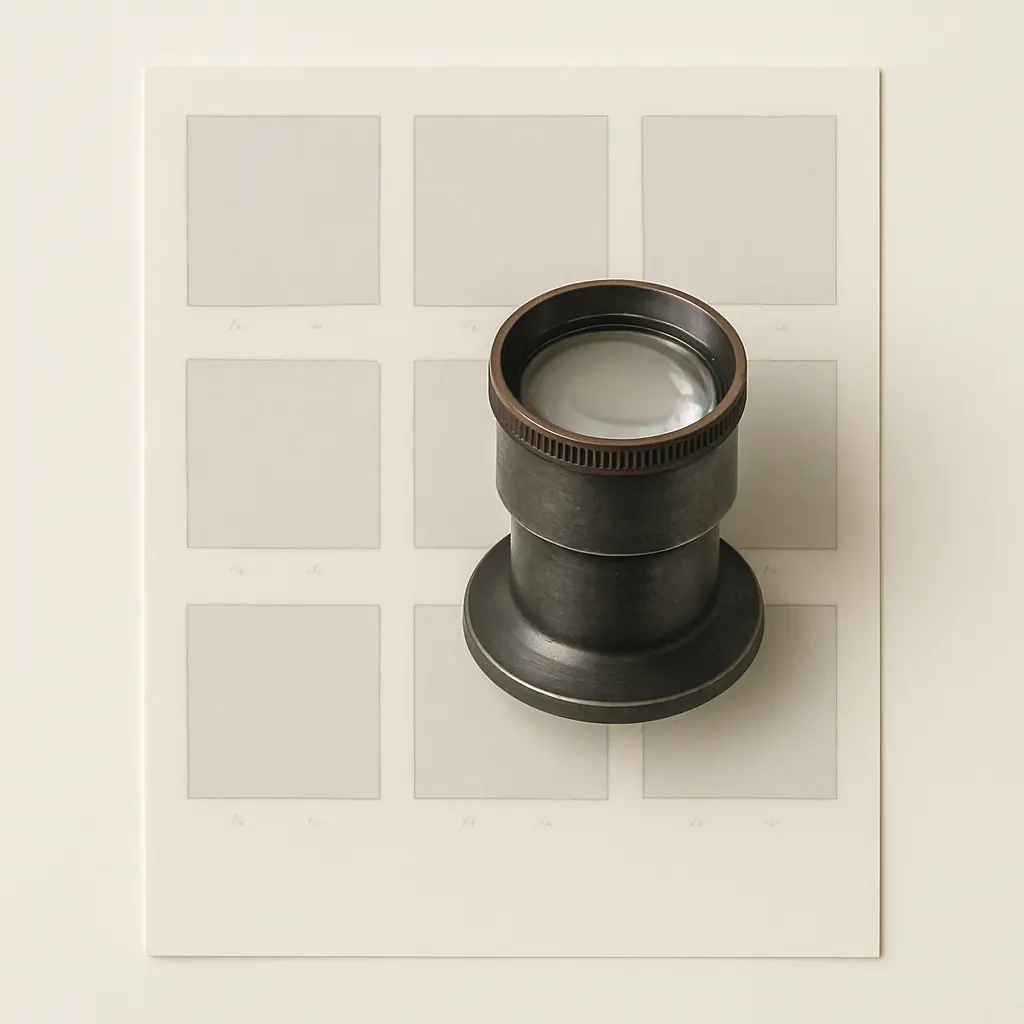 Loupe resting on a contact sheet of blank frames